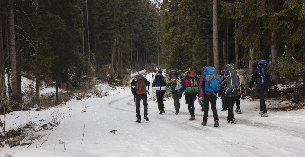 Group Hiking on Snowy Trail